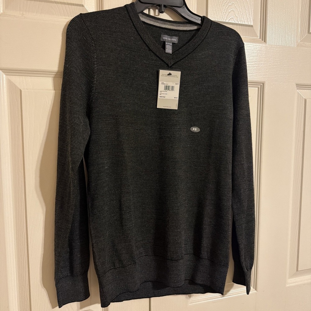 Van Heusen V Neck Pullover Long Sleeve Sweater Mens XS NWT Black/Gray Merino - Picture 3 of 9